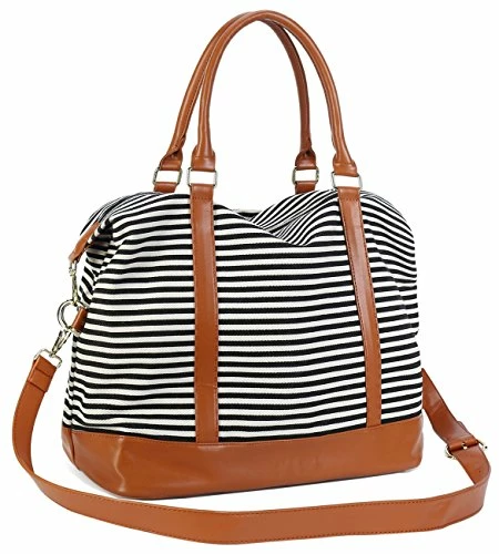 Women Ladies Canvas Weekender Bag Overnight Carry-on Tote Duffel In Trolley Handle (Black Stripe) 9 Women Ladies Canvas Weekender Bag Overnight Carry-on Tote Duffel In Trolley Handle (Black Stripe) - Image 7