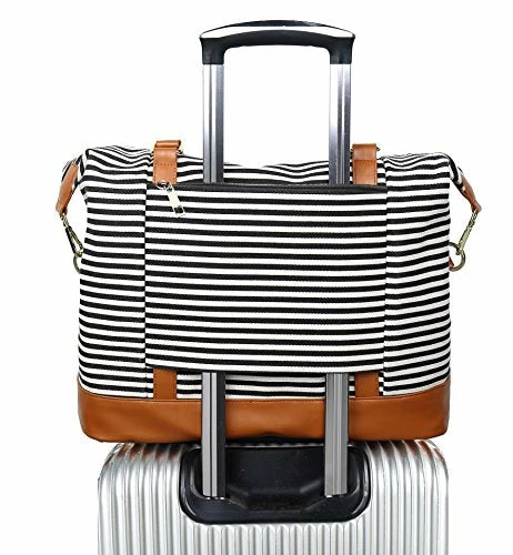 Women Ladies Canvas Weekender Bag Overnight Carry-on Tote Duffel In Trolley Handle (Black Stripe) 3 Women Ladies Canvas Weekender Bag Overnight Carry-on Tote Duffel In Trolley Handle (Black Stripe)