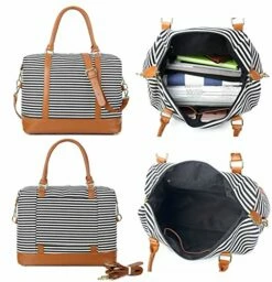 Women Ladies Canvas Weekender Bag Overnight Carry-on Tote Duffel In Trolley Handle (Black Stripe) 13 Women Ladies Canvas Weekender Bag Overnight Carry-on Tote Duffel In Trolley Handle (Black Stripe) -LUGGAGE FACTORY Sales 51jmDDSj6nL