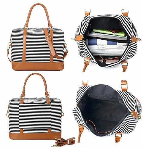Women Ladies Canvas Weekender Bag Overnight Carry-on Tote Duffel In Trolley Handle (Black Stripe) 6 Women Ladies Canvas Weekender Bag Overnight Carry-on Tote Duffel In Trolley Handle (Black Stripe) - Image 4