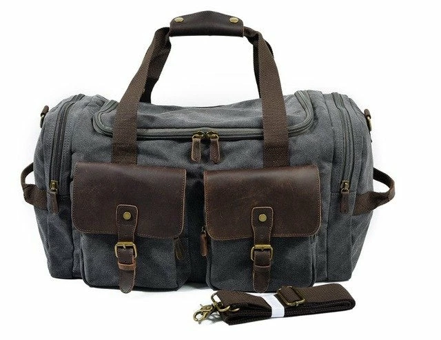 Man Vintage Military Travel Duffel Bag Multi-Pocket Canvas Overnight Bag Leather Weekend Carry On 4 Man Vintage Military Travel Duffel Bag Multi-Pocket Canvas Overnight Bag Leather Weekend Carry On - Image 2