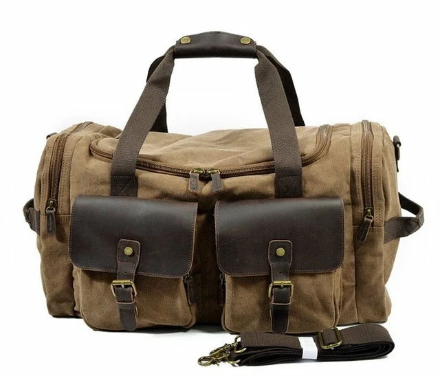 Man Vintage Military Travel Duffel Bag Multi-Pocket Canvas Overnight Bag Leather Weekend Carry On 5 Man Vintage Military Travel Duffel Bag Multi-Pocket Canvas Overnight Bag Leather Weekend Carry On - Image 3